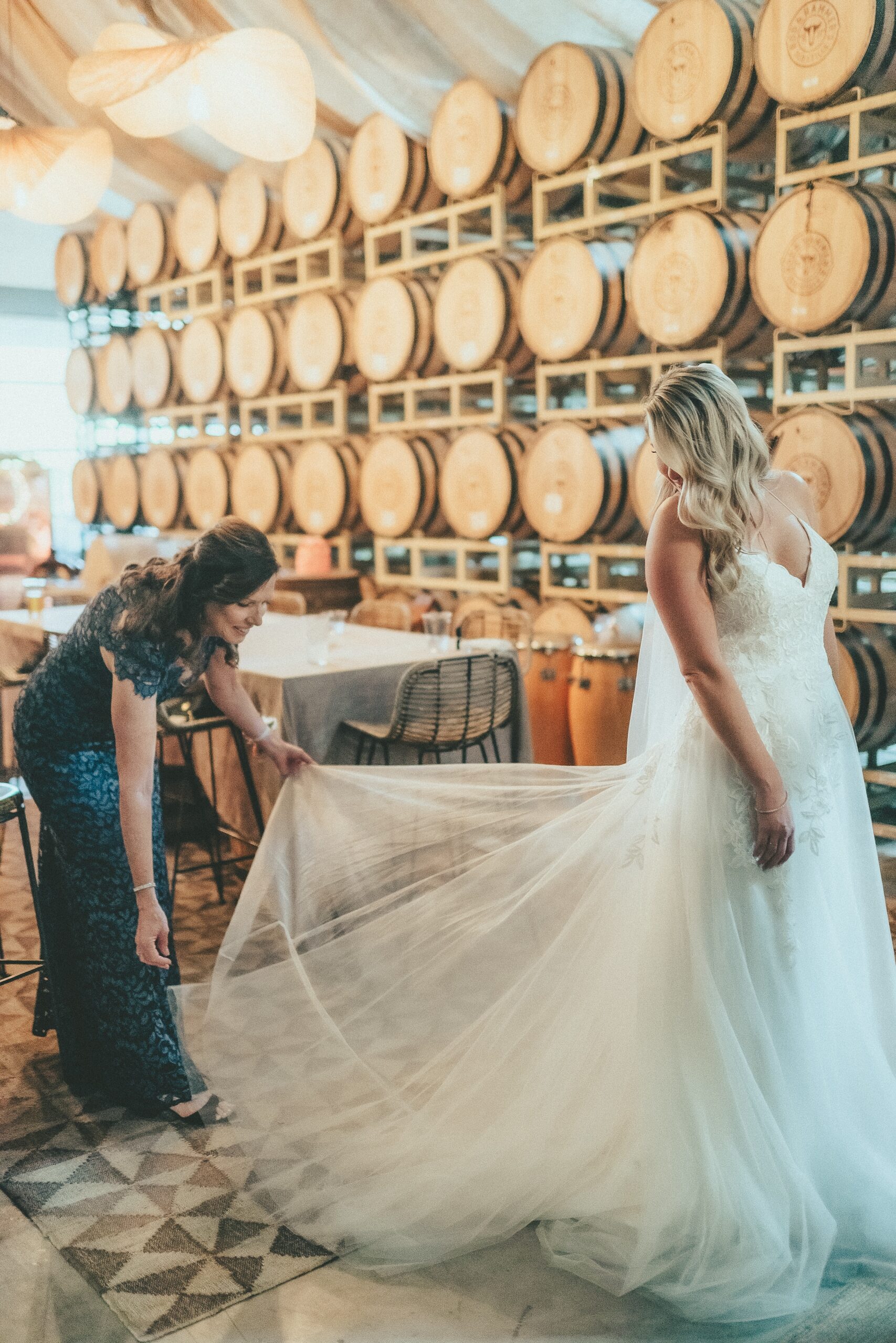 Bride Getting Ready in Barrel Room at SLO Brew Rock