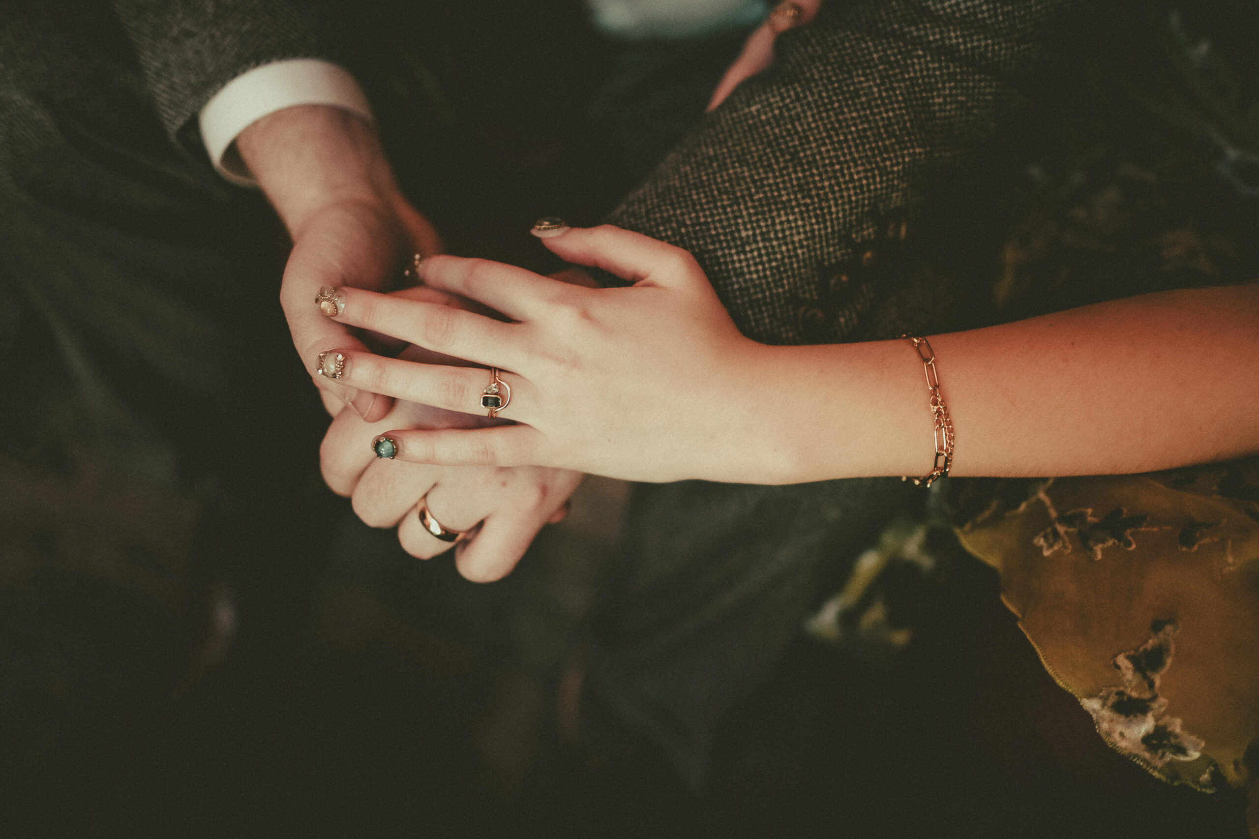 Close wedding detail photograph of hands and rings