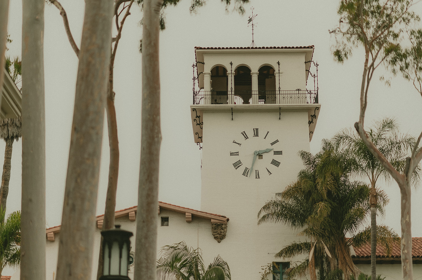 Santa Barbara Courthouse clock tower framed by palm trees