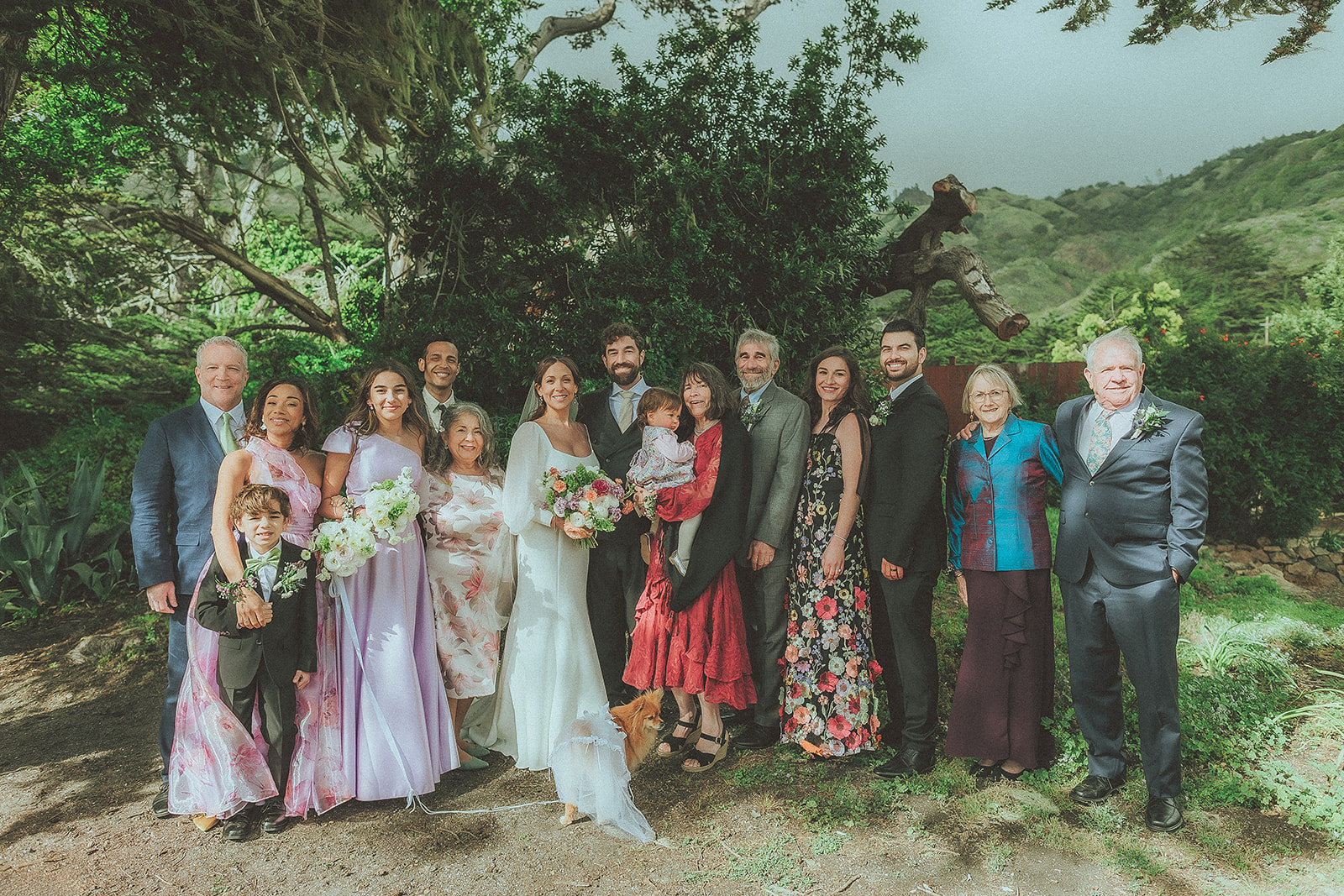 Wedding party gathered among the trees on the Big Sur coast