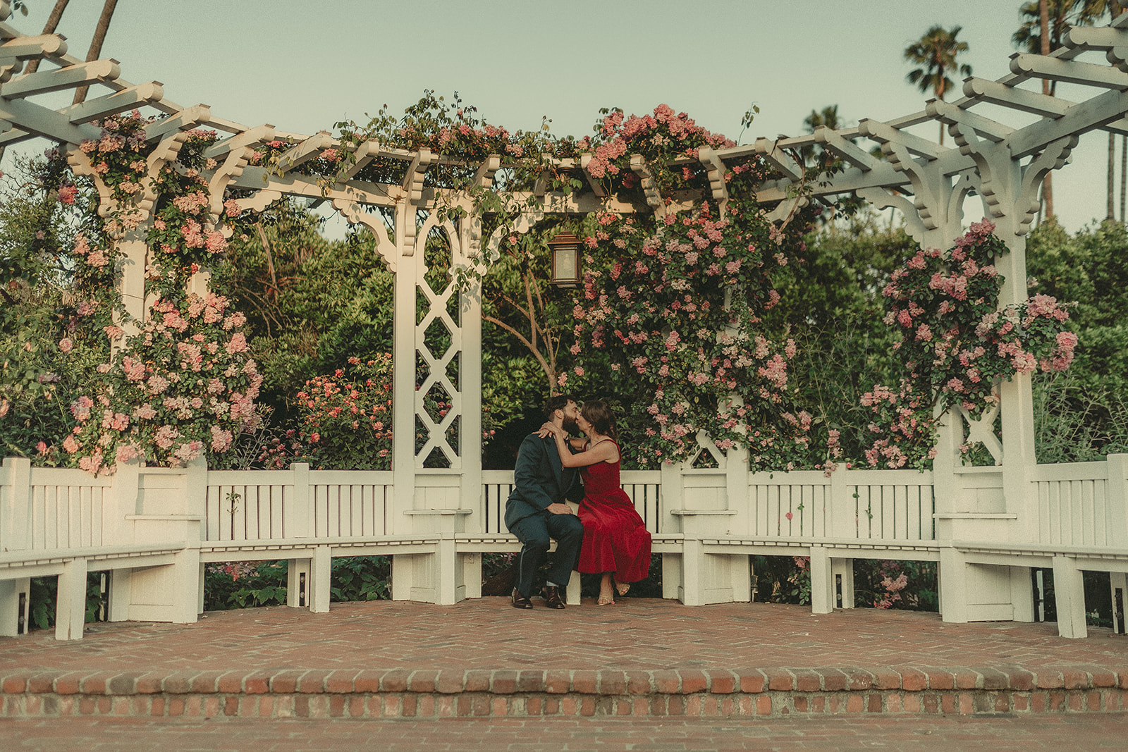 Relaxed seated engagement portrait in a rose garden