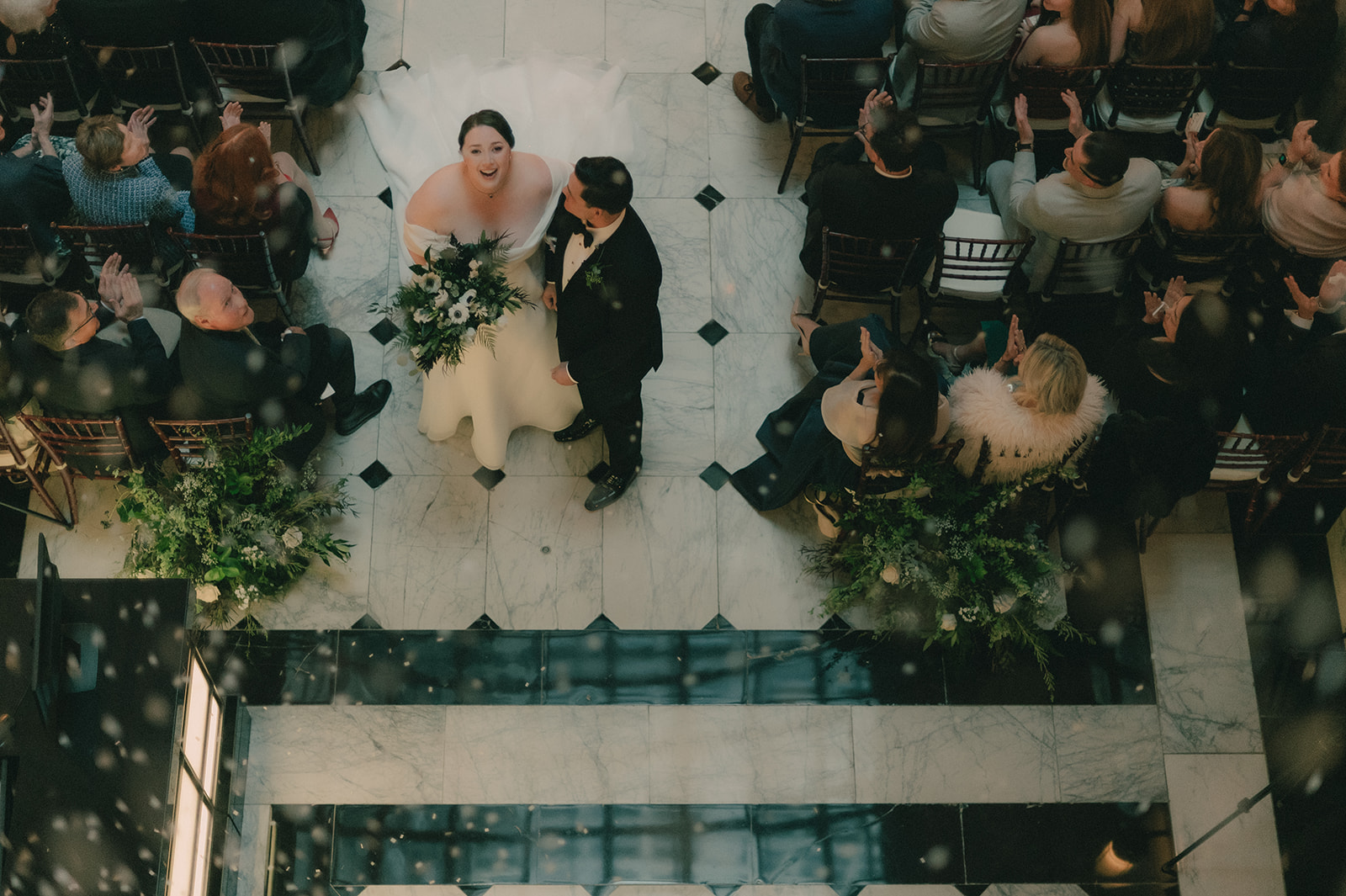 Overhead view of Anne and Charles looking up together after their ceremony.